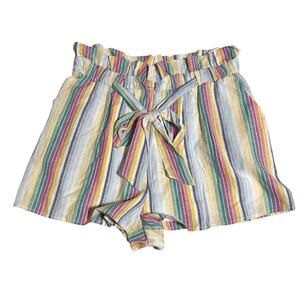 Hummingbird SZ Large Women Linen Blend Striped Rainbow Muted Neutral Shorts